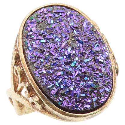 925 Sterling Silver Vintage Ring Gold Plated Drusy Quartz Band  Sz 10  RG36946