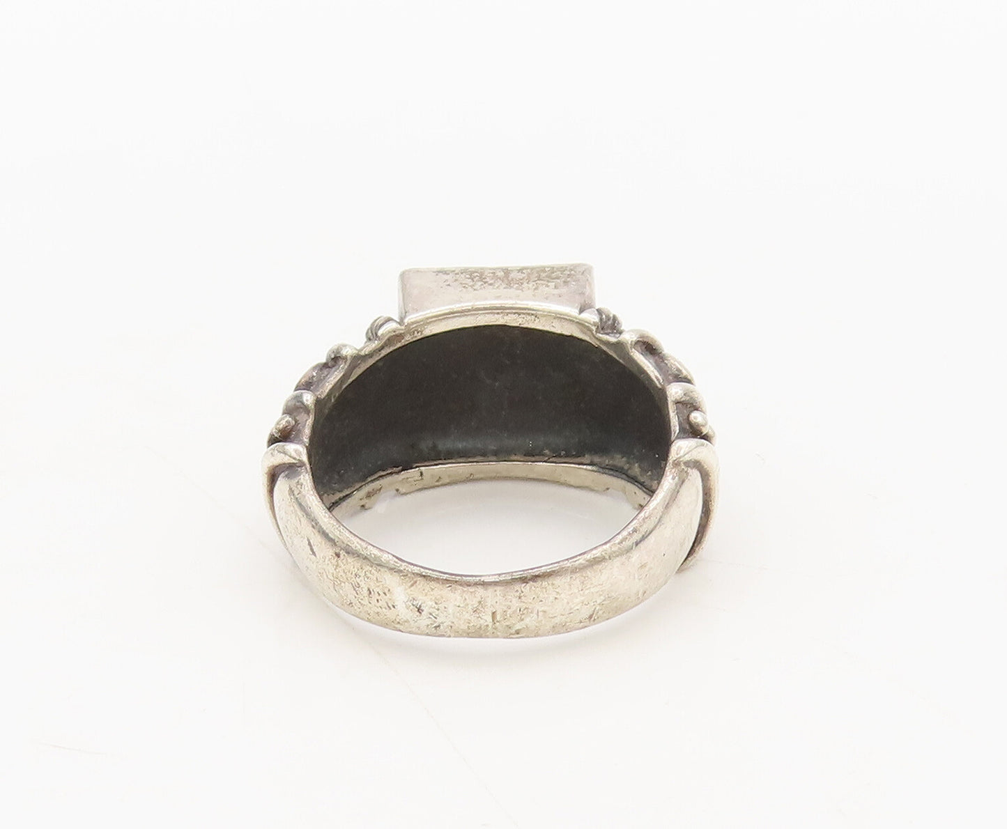 925 Sterling Silver  Vintage Rectangular Onyx Carved Shank Ring Sz 8  RG27543