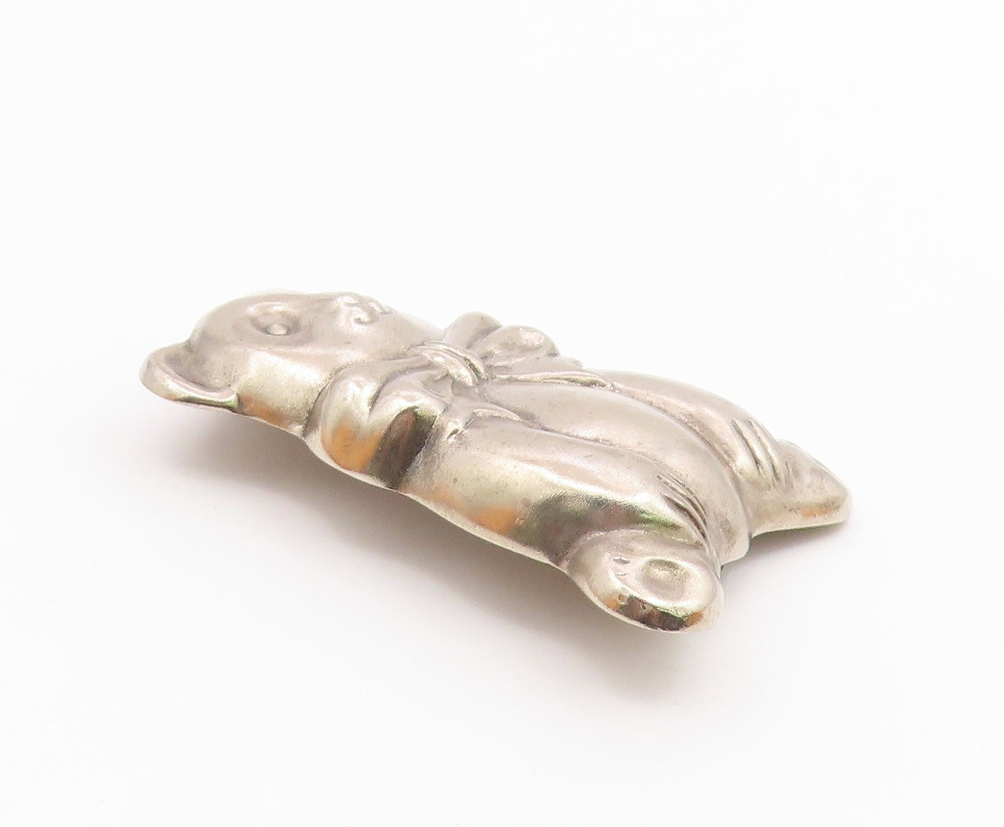 925 Sterling Silver Vintage Sitting Hollow Bear With Bow Tie Brooch Pin BP9902