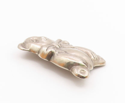 925 Sterling Silver Vintage Sitting Hollow Bear With Bow Tie Brooch Pin BP9902