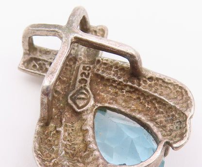 925 Sterling Silver  Vintage Prong Set Tear Drop Blue Topaz Pendant  PT16958