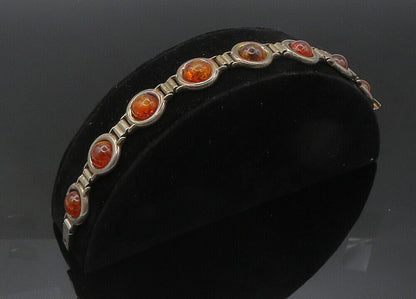 ZW POLAND 925 Silver  Vintage Cabochon Cut Amber Chain Bracelet  BT8503