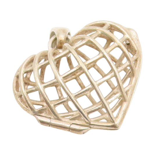 925 Sterling Silver Vintage Pendant Openwork Love Heart Cage Charm OPENS PT25953