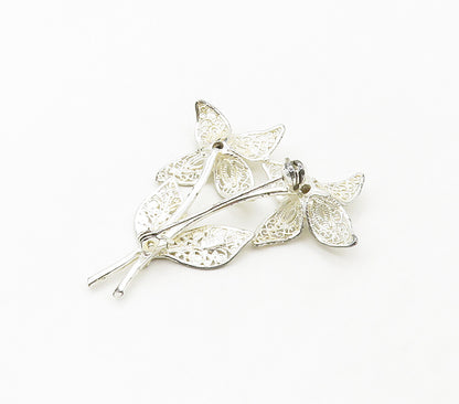 925 Sterling Silver  Vintage Shiny Filigree Flowers Motif Brooch Pin  BP6471