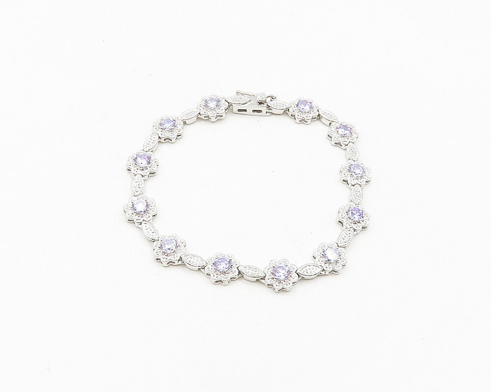 925 Sterling Silver  Shiny Purple Cubic Zirconia Floral Chain Bracelet  BT7365