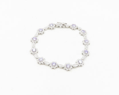 925 Sterling Silver  Shiny Purple Cubic Zirconia Floral Chain Bracelet  BT7365