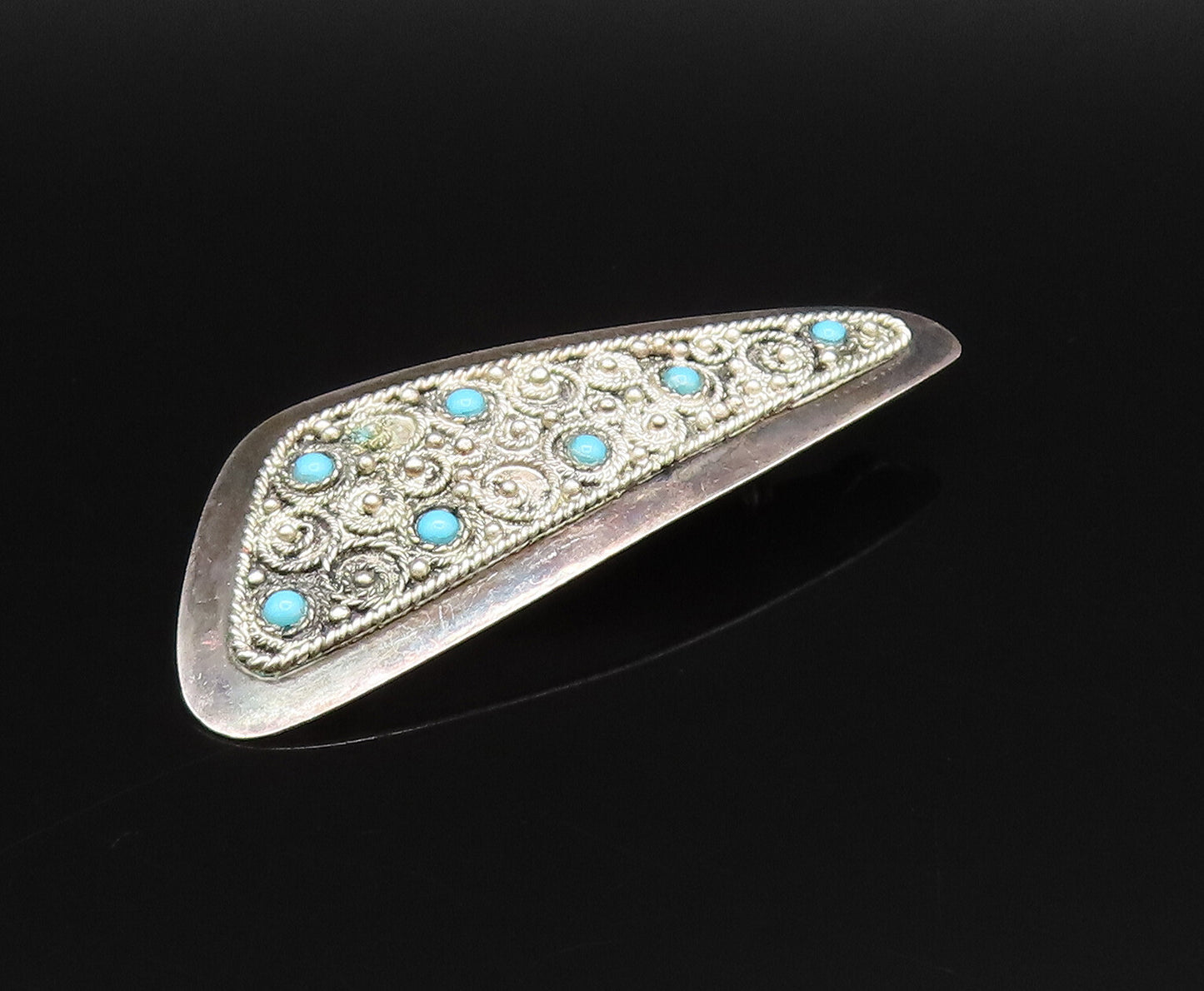 ISRAEL 925 Silver  Vintage Twisted Rope Spirals Turquoise Brooch Pin  BP9810