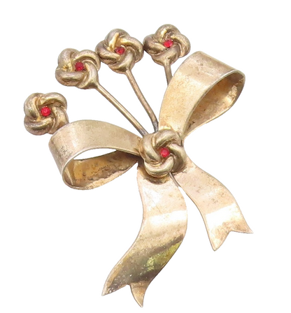925 Sterling Silver  Vintage Red Topaz Floral Ribbon Bow Brooch Pin  BP4867