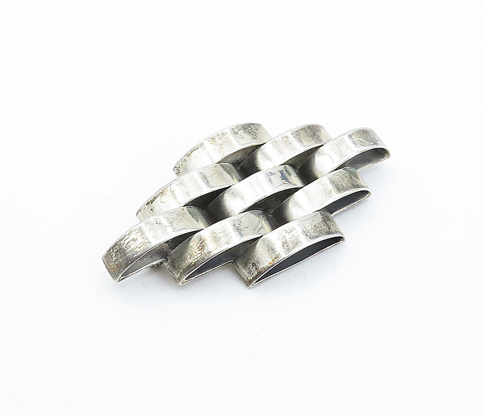 MEXICO 925 Sterling Silver  Vintage Shiny Brick Layer Style Brooch Pin  BP1173