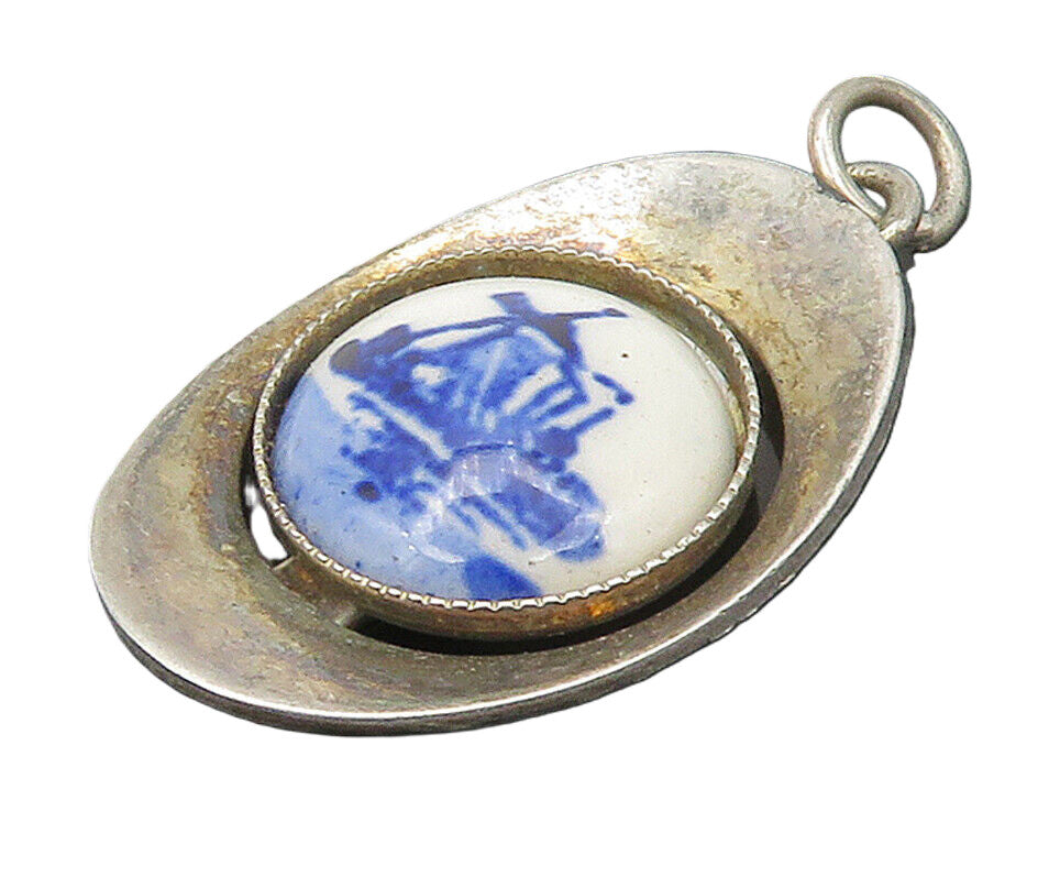 925 Sterling Silver  Vintage Enamel Windmill Scene Smooth Pendant  PT12116