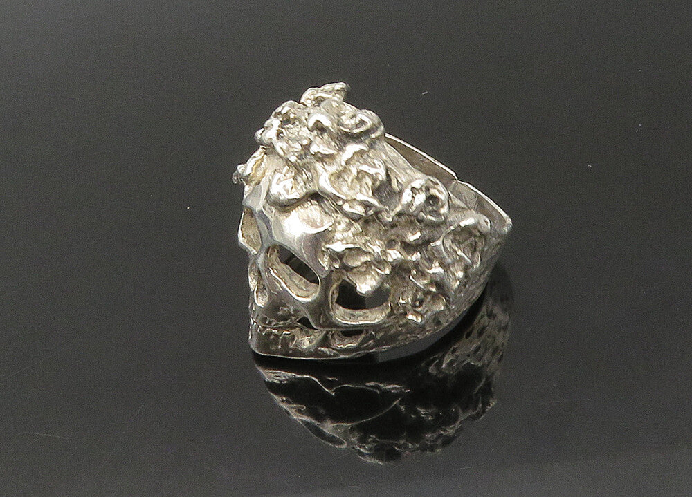 925 Sterling Silver  Vintage Sculpted Skeleton Head Biker Ring Sz 8.5  RG22492