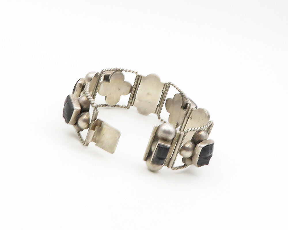 MEXICO 925 Silver  Vintage Face Carved Black Onyx Chain Bracelet  BT7556