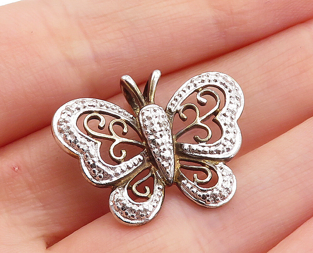 ROSS SIMON 925 Silver Vintage Genuine Diamond 2 Tone Butterfly Pendant PT4354