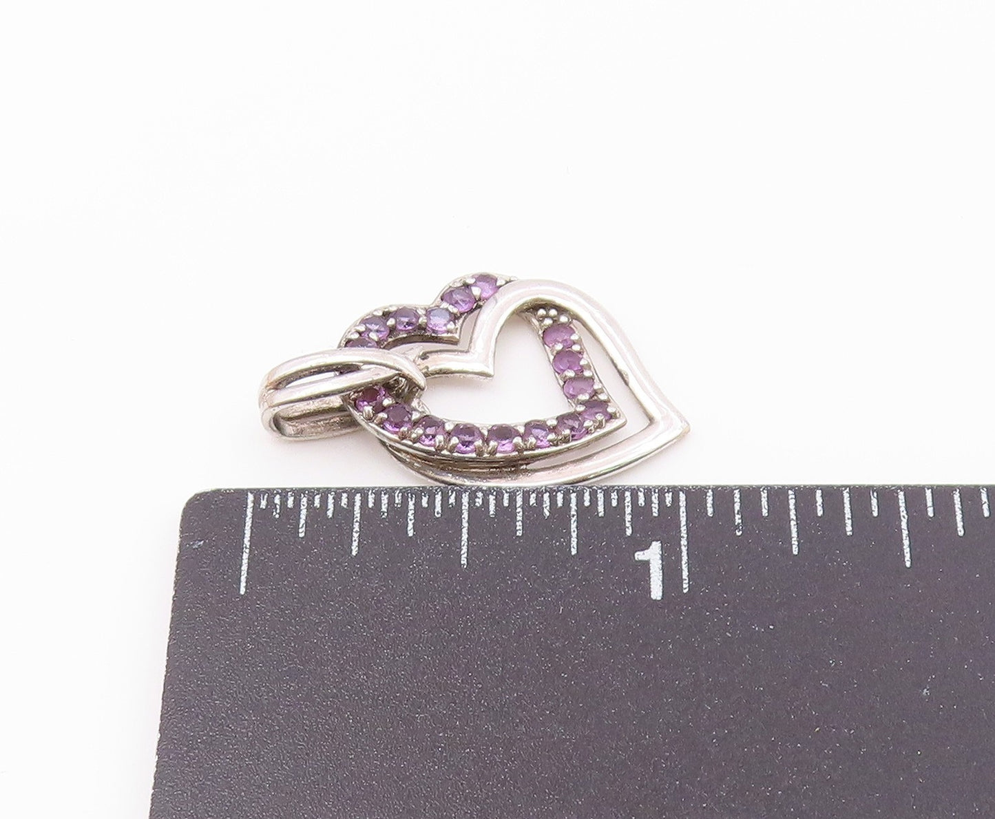 925 Sterling Silver  Vintage Amethyst Open Love Hearts Pendant  PT19117
