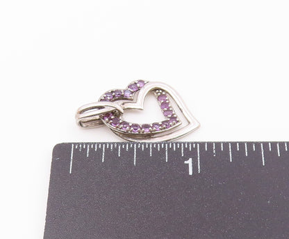 925 Sterling Silver  Vintage Amethyst Open Love Hearts Pendant  PT19117