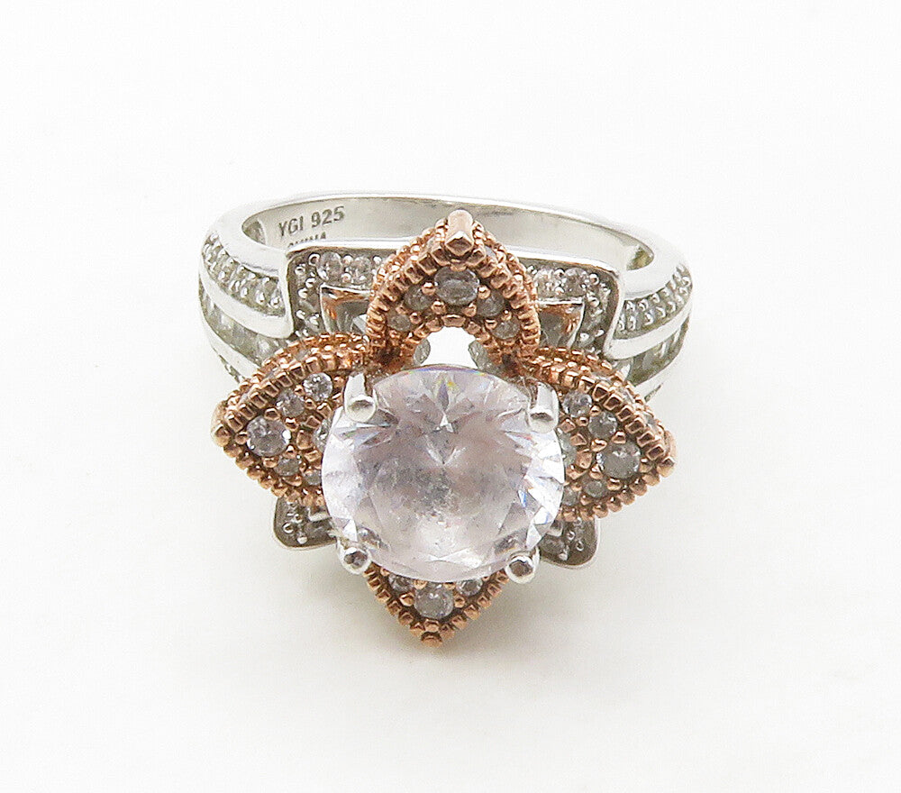 925 Sterling Silver  Topaz Two Tone Flower Motif Cocktail Ring Sz 6  RG16765