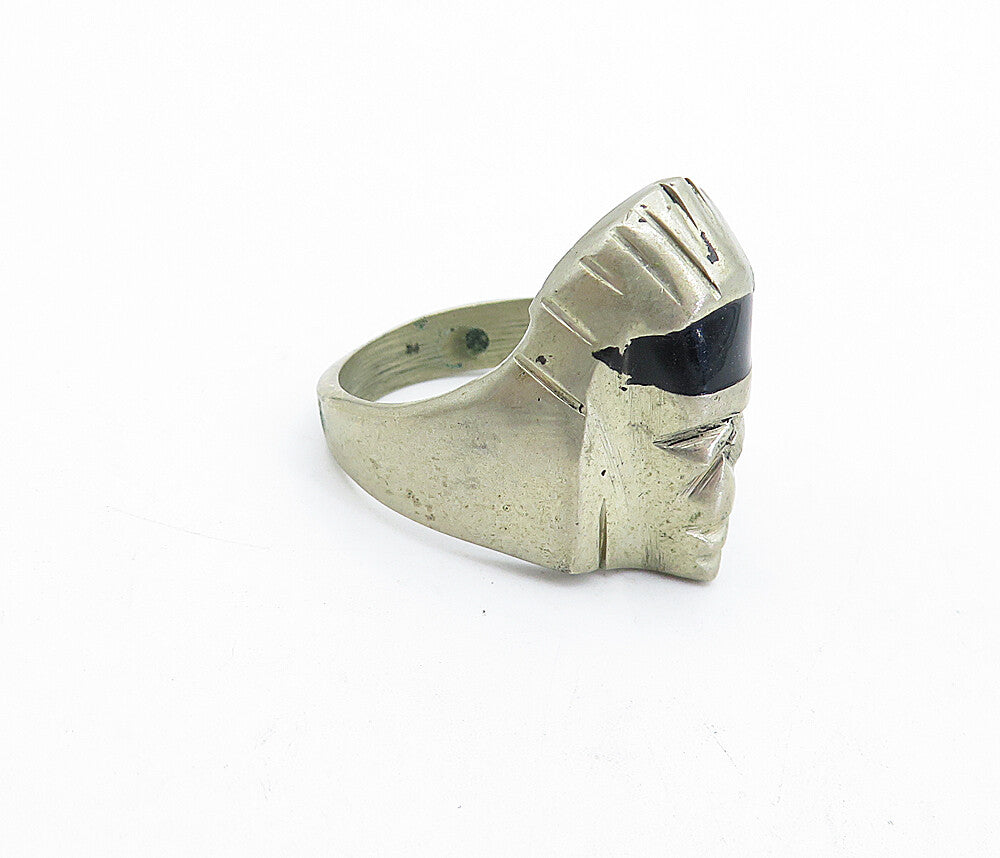 MEXICO 925 Silver  Vintage Black Onyx Sculpted Face Band Ring Sz 12  RG4212