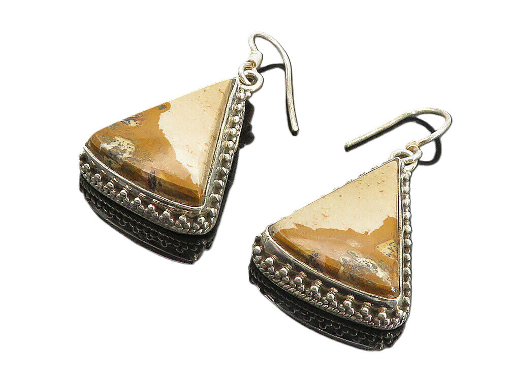 925 Sterling Silver  Vintage Brown Jasper Triangle Dangle Earrings  EG3189
