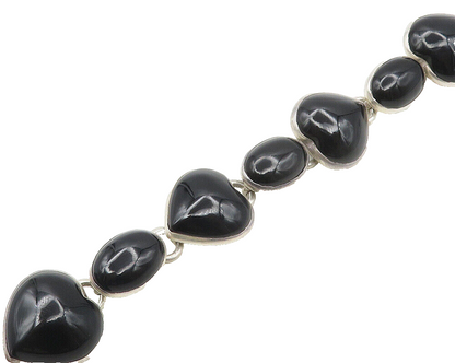 MEXICO 925 Sterling Silver  Vintage Black Onyx Hearts Chain Bracelet  BT7458