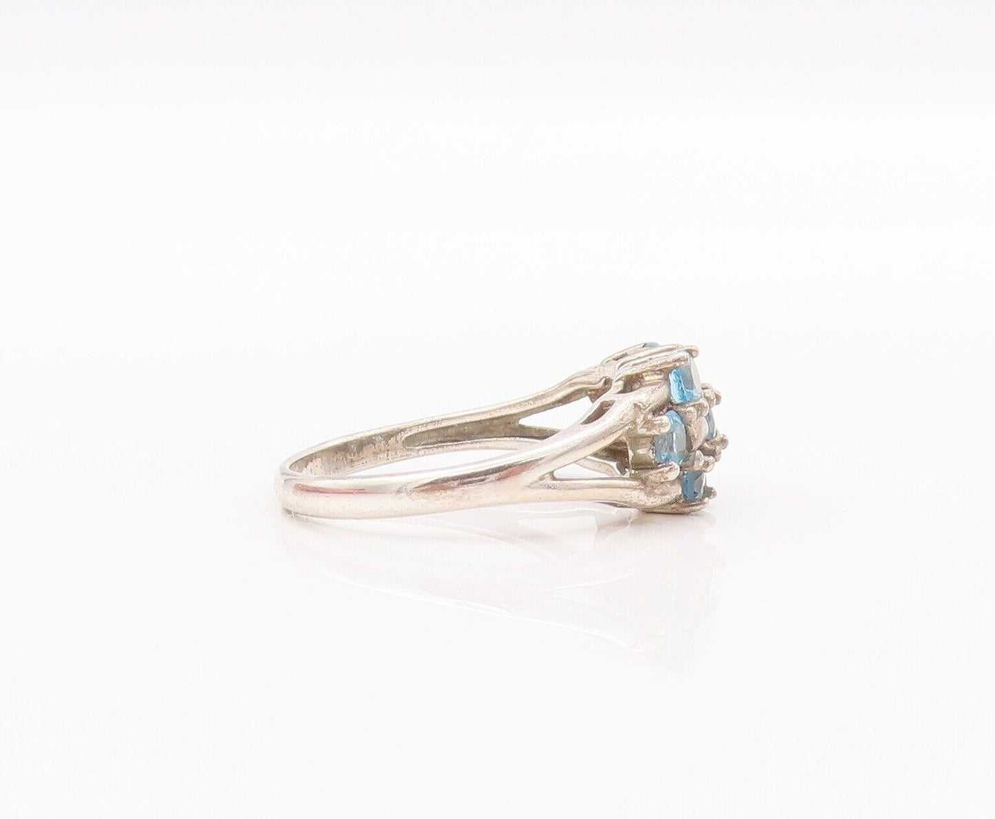 925 Sterling Silver Vintage Ring Carved Blue Round Cut CZ Beaded  Sz 8  RG28292
