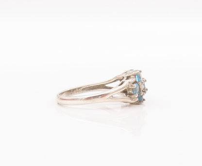 925 Sterling Silver Vintage Ring Carved Blue Round Cut CZ Beaded  Sz 8  RG28292