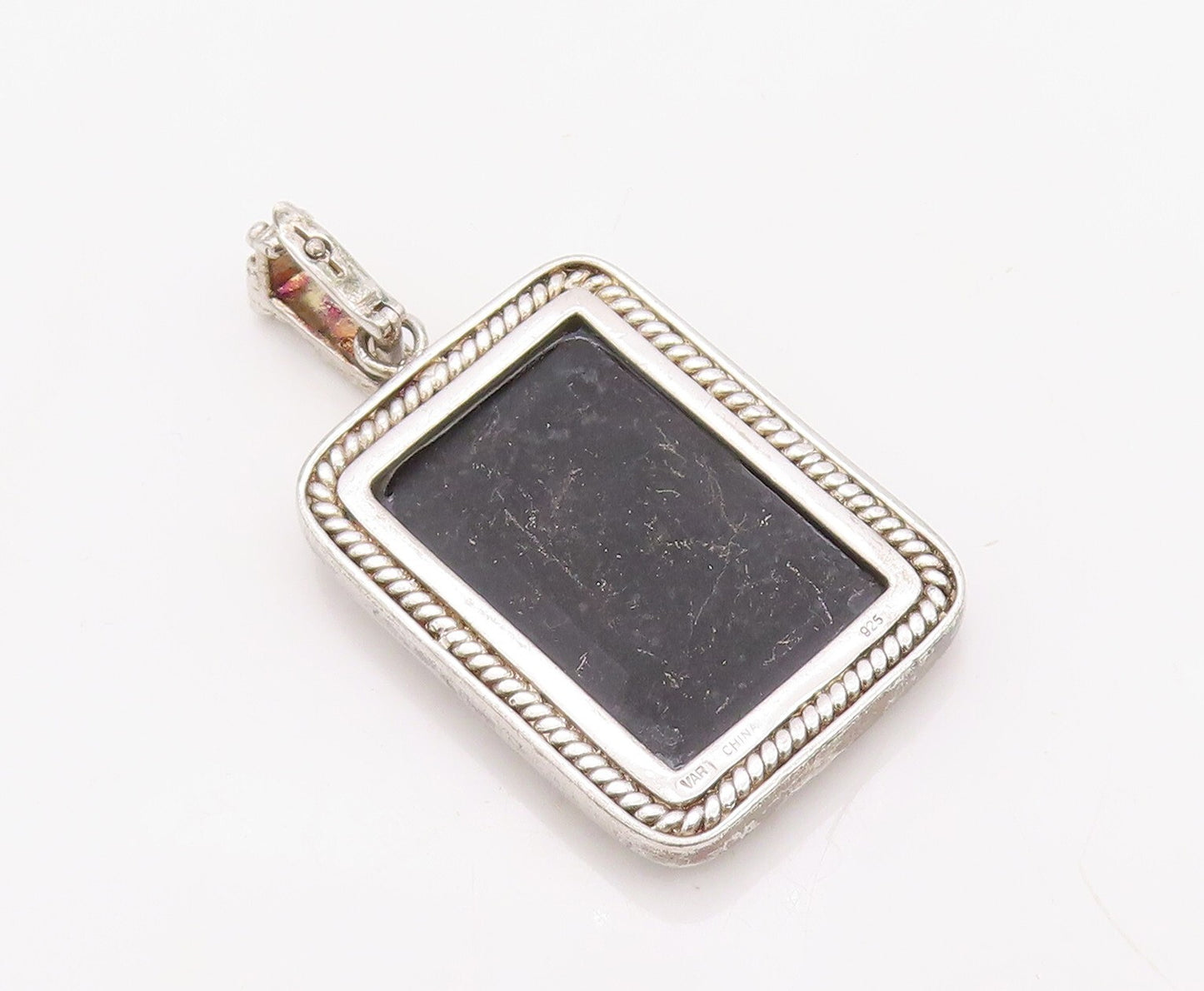 925 Sterling Silver Vintage Pendant Rectangle Cut Onyx Beaded Frame  PT23501