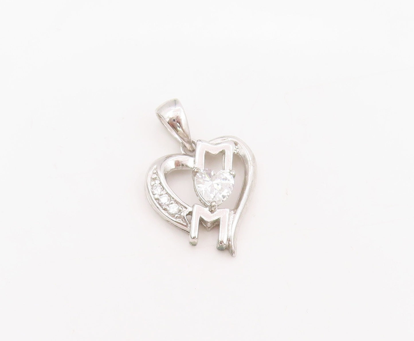 925 Sterling Silver Vintage Pendant Cubic Zirconia MOM Love Heart Charm  PT25527
