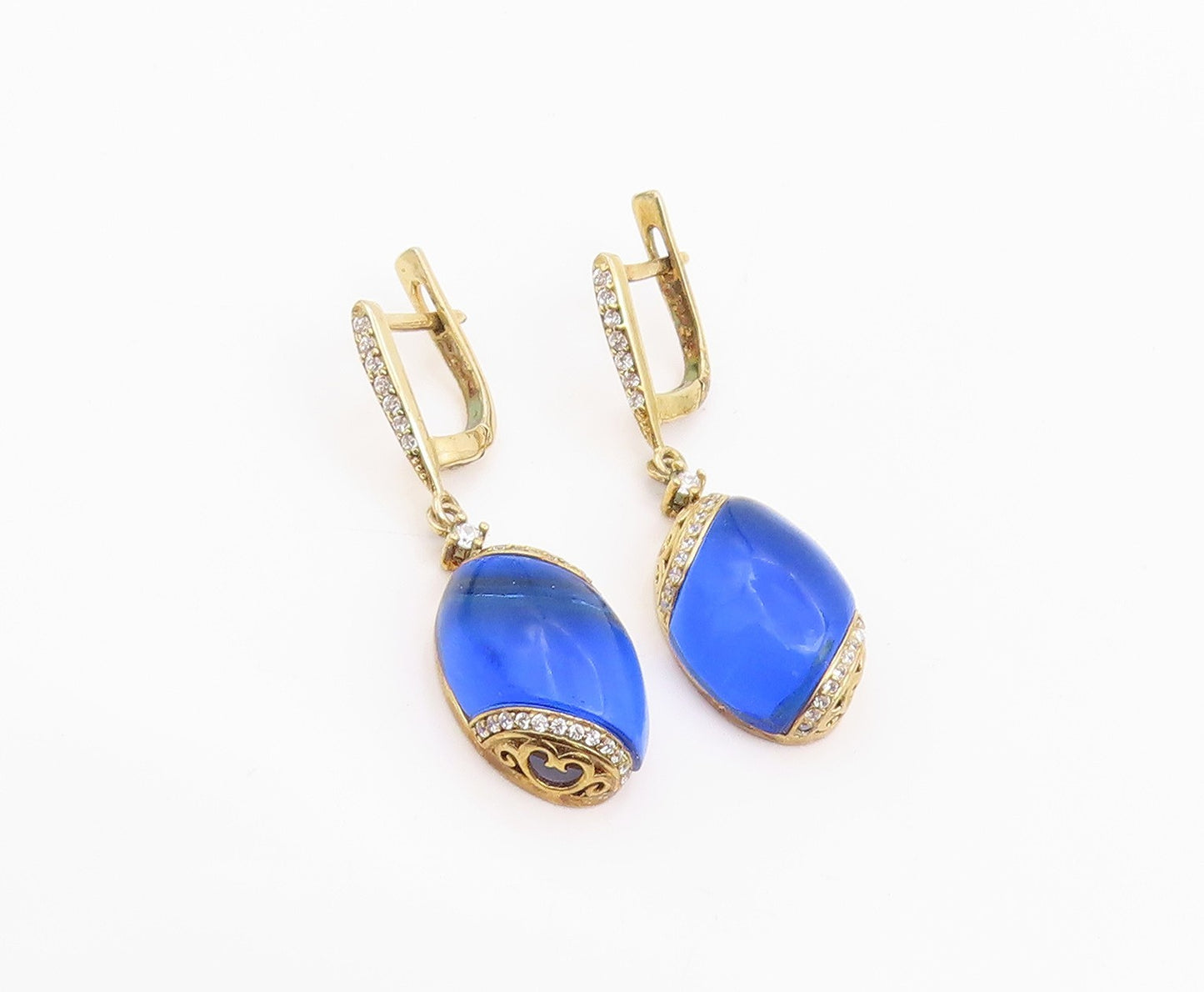 925 Sterling Silver Vintage Earrings Gold Plated Sapphire & CZ Drop  EG14242