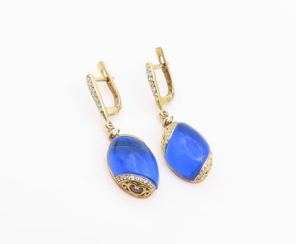 925 Sterling Silver Vintage Earrings Gold Plated Sapphire & CZ Drop  EG14242