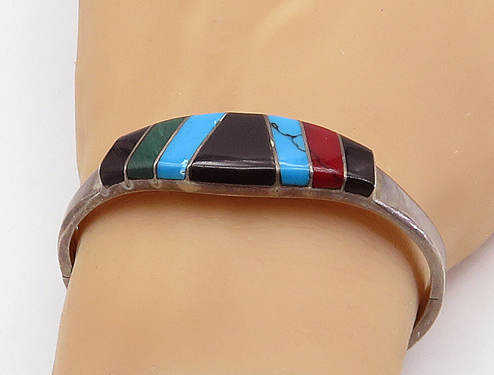 MEXICO 925 Silver  Vintage Onyx Turquoise & Malachite Bangle Bracelet  BT1410