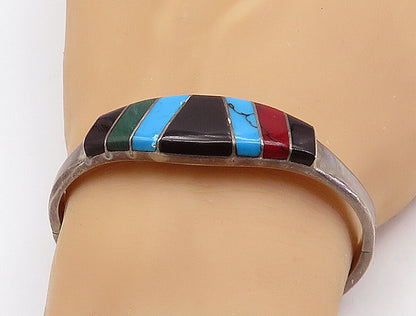 MEXICO 925 Silver  Vintage Onyx Turquoise & Malachite Bangle Bracelet  BT1410