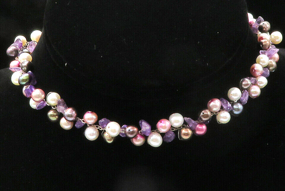 925 Sterling Silver  Vintage Pearls & Amethyst Beaded Chain Necklace  NE2338