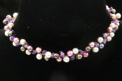 925 Sterling Silver  Vintage Pearls & Amethyst Beaded Chain Necklace  NE2338
