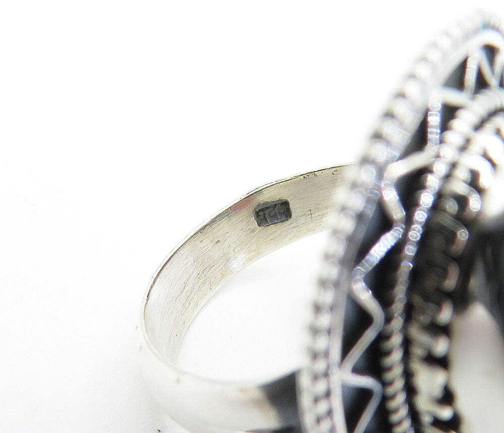 925 Sterling Silver  Faceted Ruby Bordered Shiny Cocktail Ring Sz 7.5  RG7787