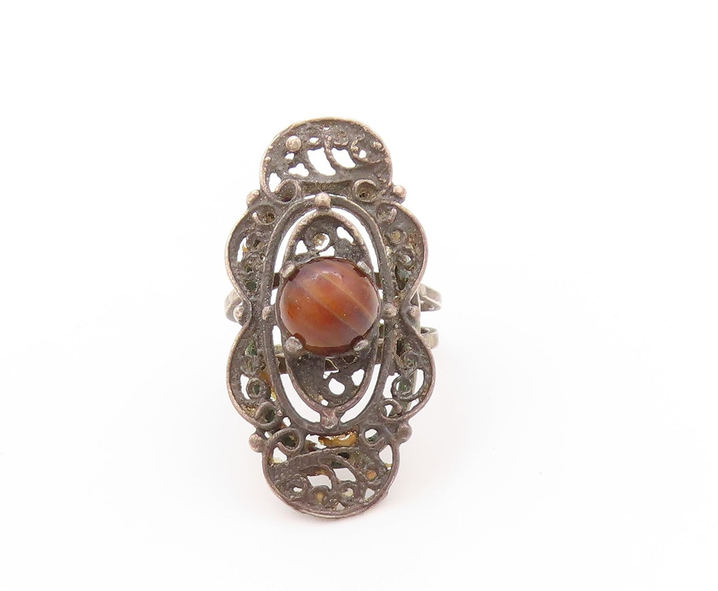 925 Sterling Silver Vintage Ring Dark Tone Swirls Cutout Gemstone Sz 6  RG32838
