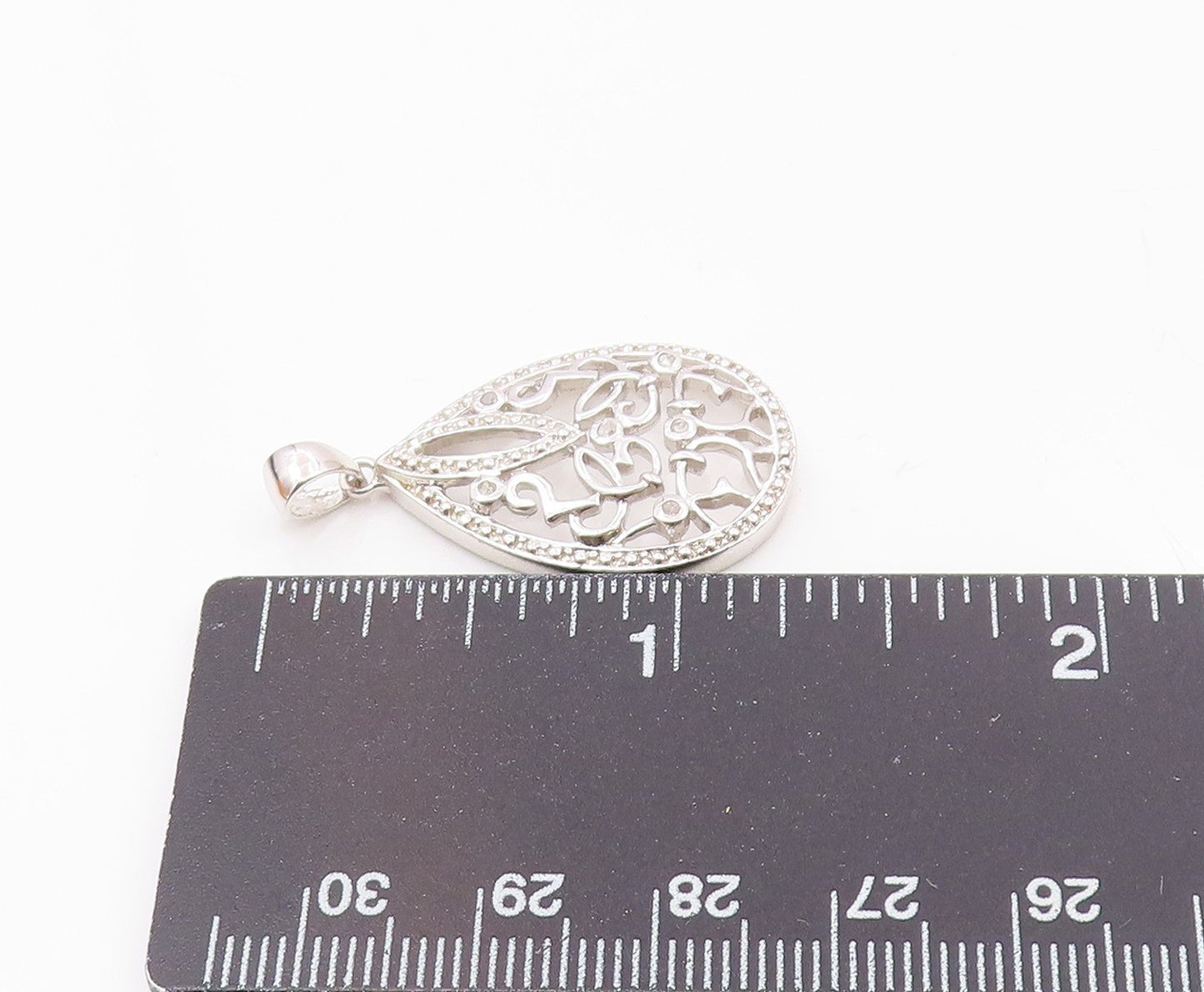 925 Sterling Silver  Vintage Genuine Diamonds Tear Drop Swirl Pendant  PT19271