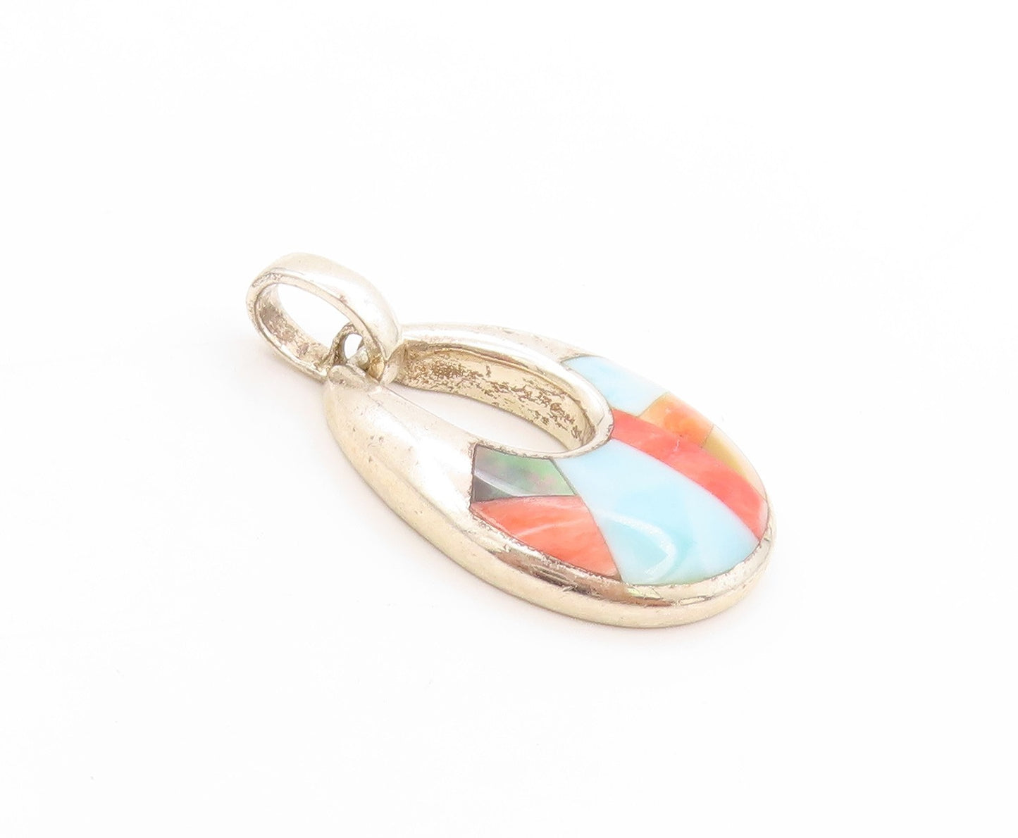 925 Sterling Silver Vintage Pendant Multi Gemstone Inlay Teardrop Charm  PT25147
