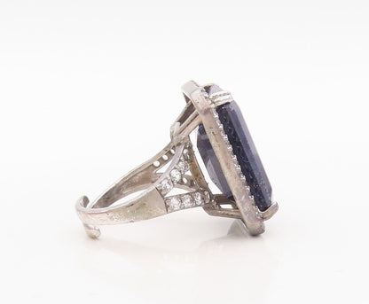 925 Sterling Silver Vintage Ring Rectangle Sapphire Halo Topaz  Sz 8  RG30489
