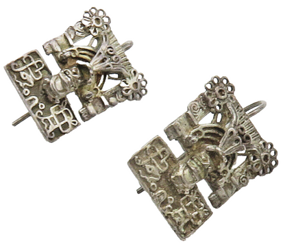 925 Sterling Silver  Vintage Antique Face Mask Floral Drop Earrings  EG7666