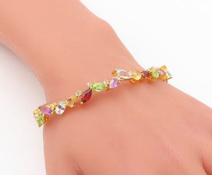 925 Sterling Silver Vintage Bracelet Gold Plated Multi Shape Gemstones  BT10775