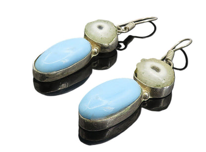 925 Sterling Silver   Vintage Cabochon Cut Agate Slice Drop Earrings  EG4384