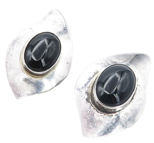 MEXICO 925 Sterling Silver  Vintage Cabochon Black Onyx Drop Earrings  EG4095