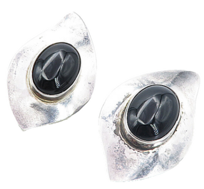 MEXICO 925 Sterling Silver  Vintage Cabochon Black Onyx Drop Earrings  EG4095