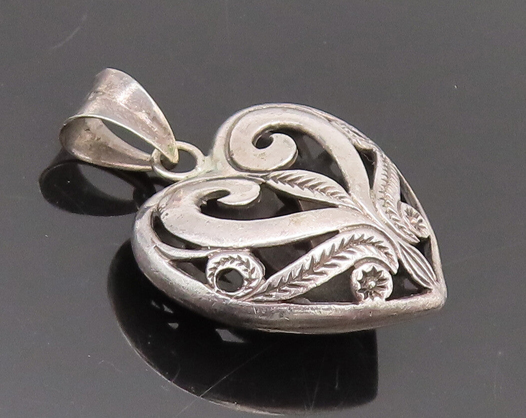 925 Sterling Silver  Vintage Swirly Cut Carved Puffed Heart Pendant  PT22351