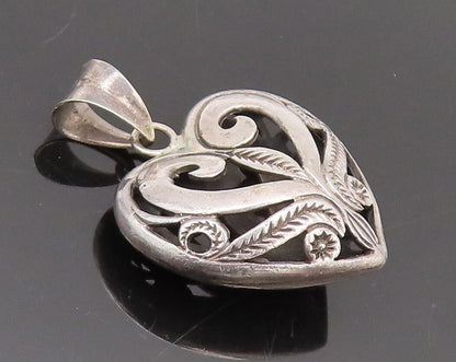 925 Sterling Silver  Vintage Swirly Cut Carved Puffed Heart Pendant  PT22351