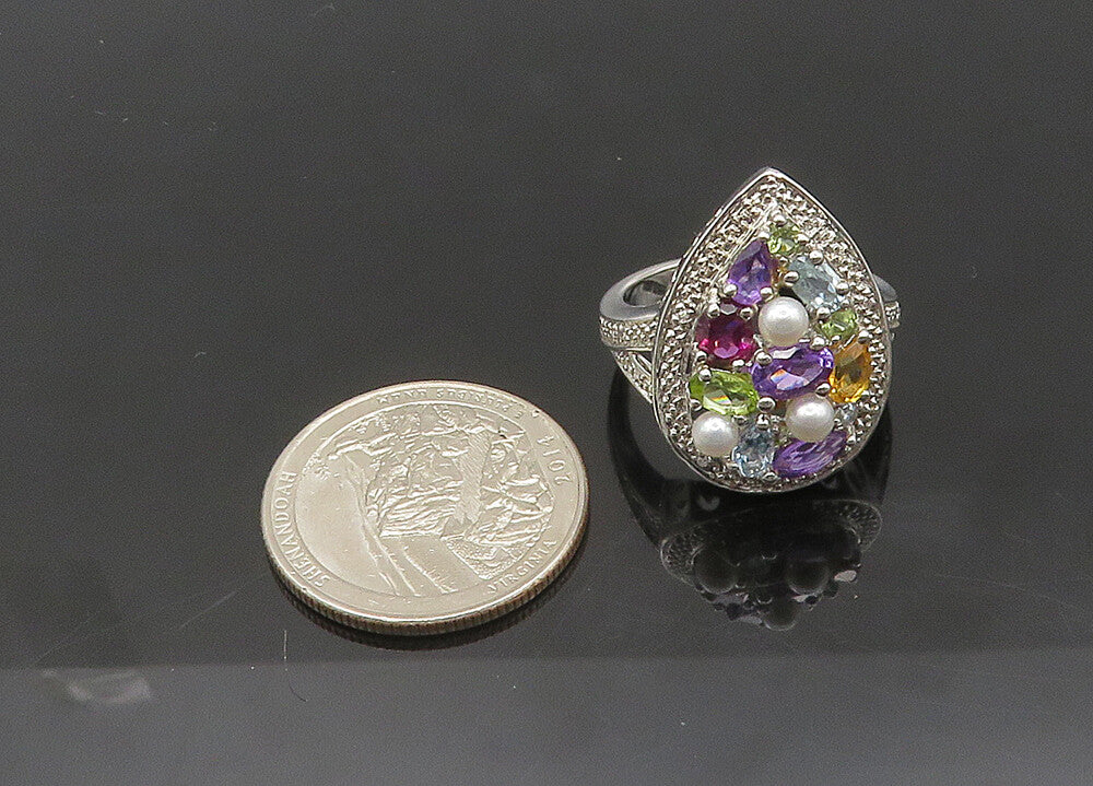 925 Silver Vintage Pearls & Peridot Multi Stone Cocktail Ring Sz 8 RG20942