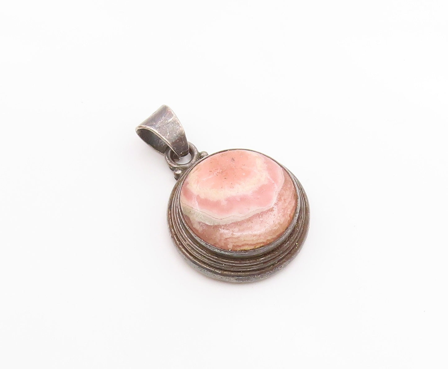 925 Sterling Silver Vintage Cabochon Cut Rhodochrosite Round Pendant  PT17926