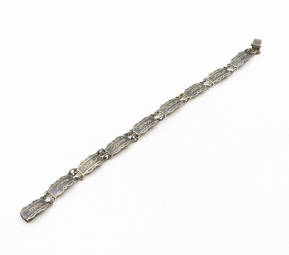 SIAM 925 Sterling Silver  Vintage Niello Enamel Dancer Chain Bracelet  BT6426