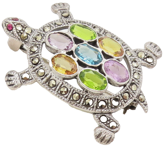 925 Silver  Vintage Multi Color Topaz Marcasite Back Turtle Brooch Pin BP10456