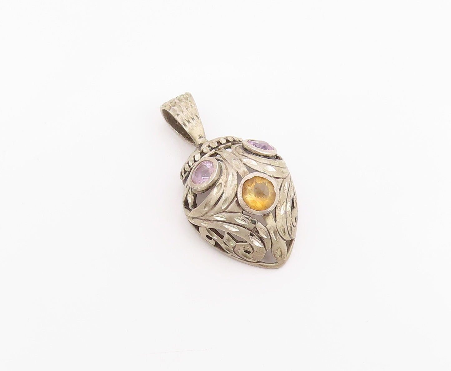 925 Sterling Silver Vintage Pendant Citrine & Amethyst Openwork Charm  PT26029